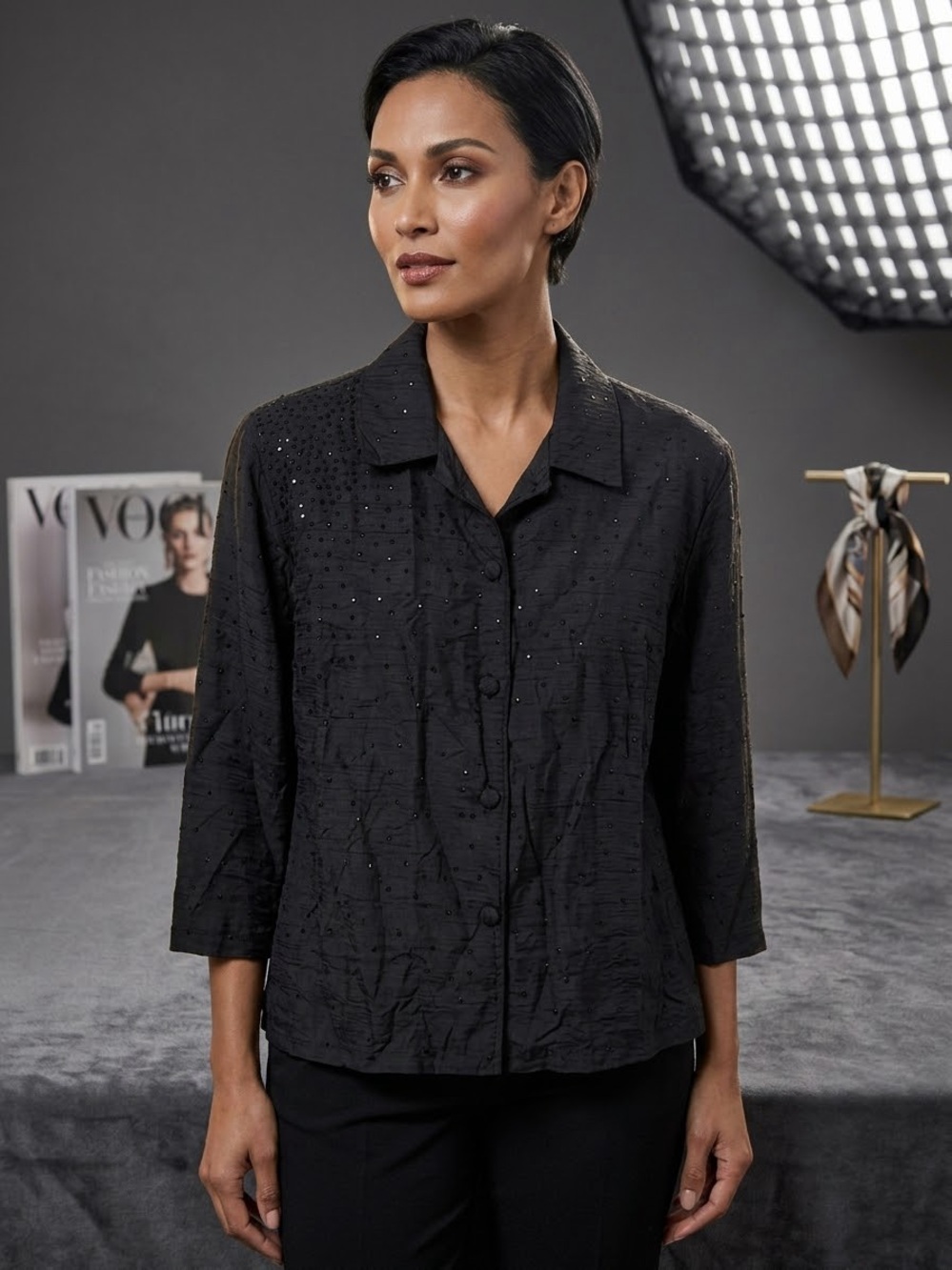 Chico's Black Bead Embellished Button-Down Silk Blouse